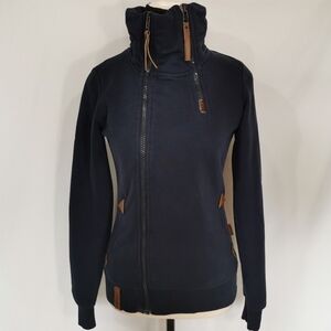 Naketano Full Zip Fleece Jacket in Navy With Leather Accents - Sz XS